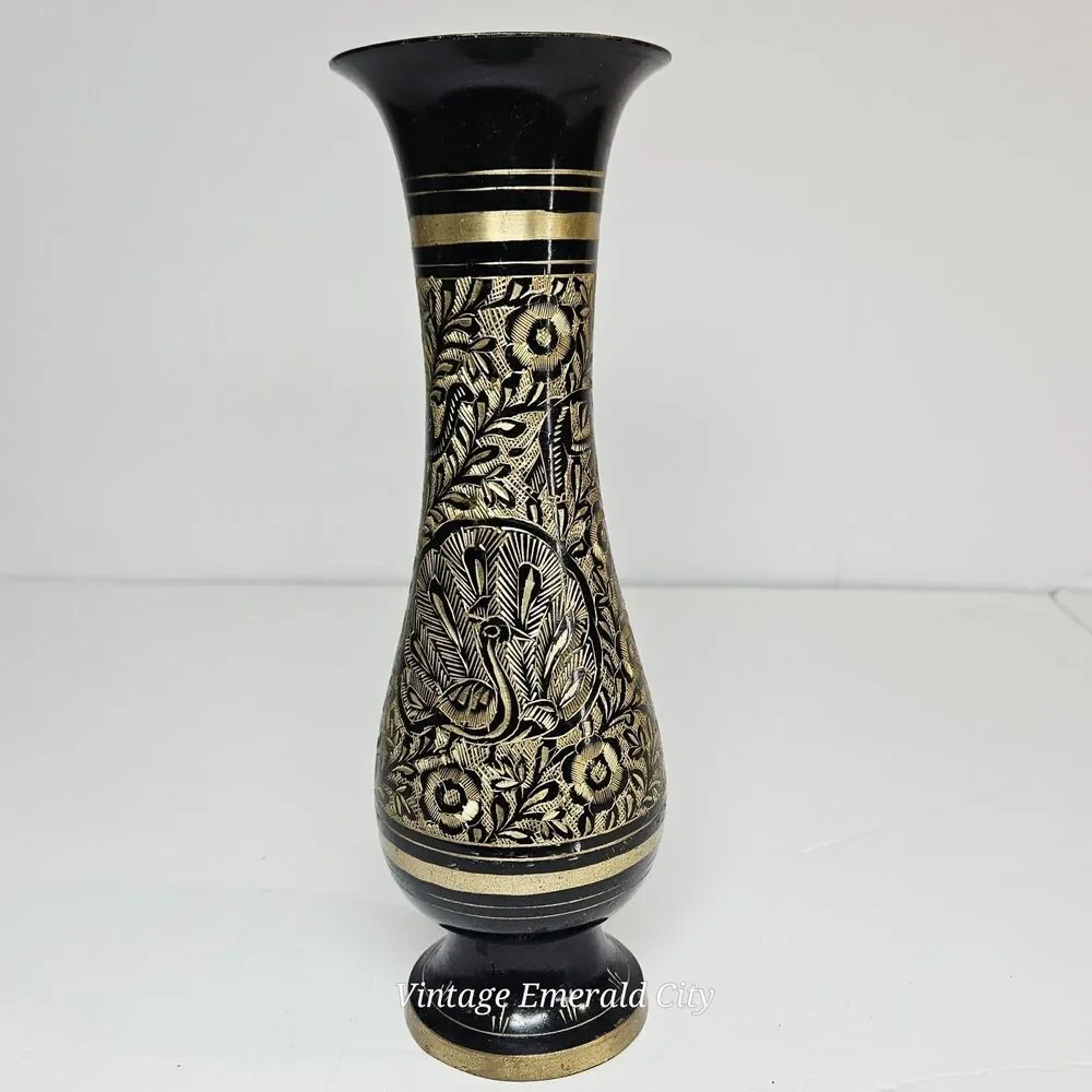 Vtg Black Gold Etched Brass Vase Peacock Floral Metalwork 9.5